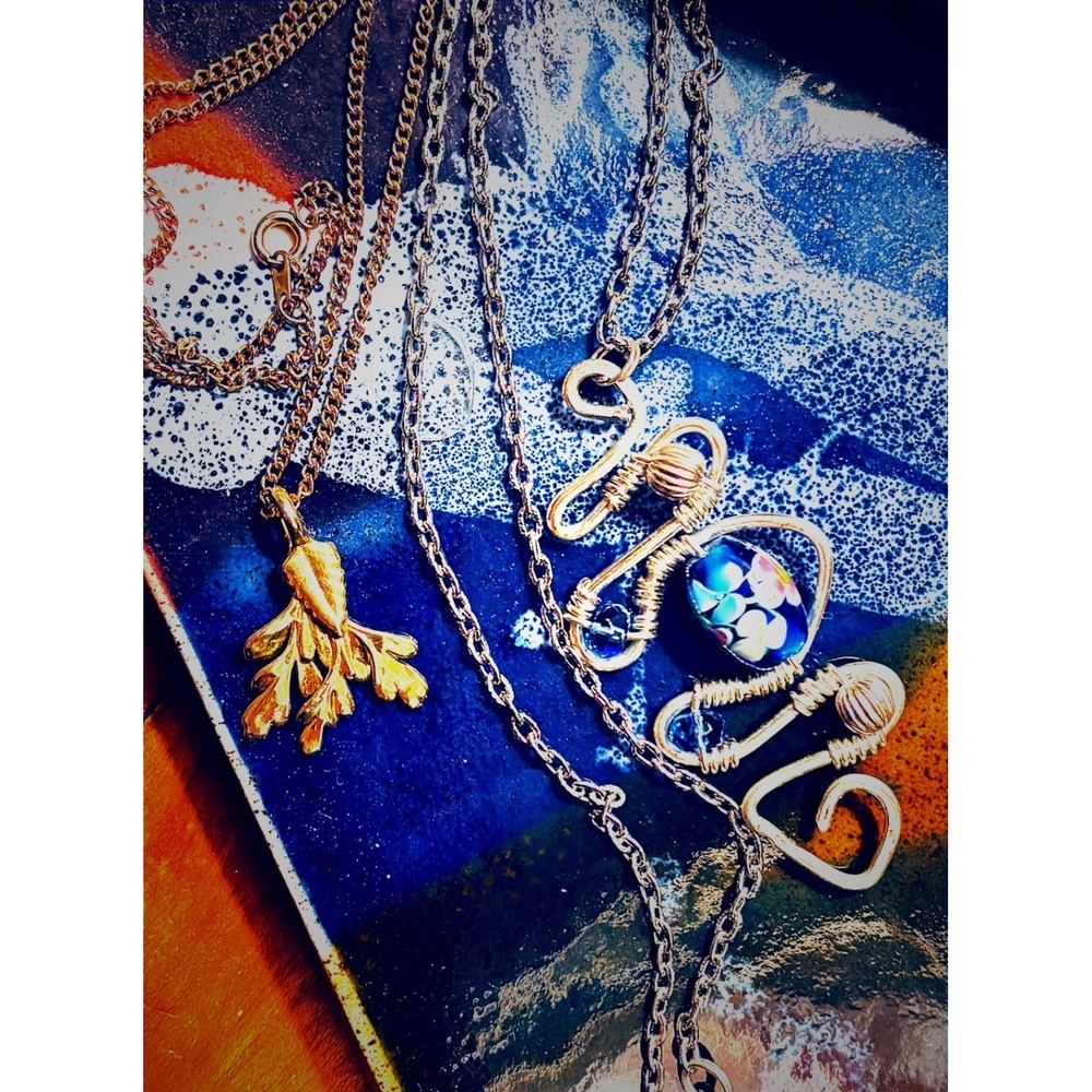 Handmade Wire Wrapped Millefiori Glass Bead & Gold Tone Leaf Pendant Necklaces